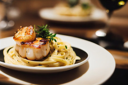 Delicate cooked seared scallops with side dish of delicious pastaの素材
