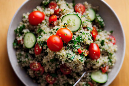Quinoa salad with glossy fresh cherry tomatoes in deep bowl on tableの素材