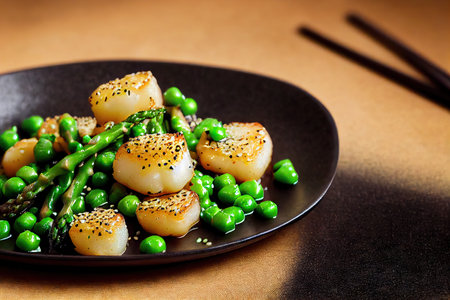 Healthy nutritious seared scallops cooked with green peas and greensの素材