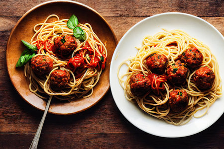Delicious homemade spaghetti and meatballs for Italian lunchの素材