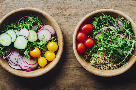 Bowls of ingredients for healthy quinoa salad on tableの素材