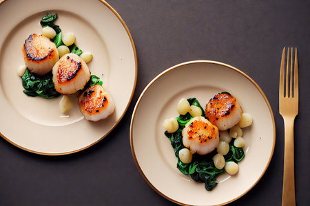 Portion of delicate golden seared scallops on plate on dark backgroundの素材