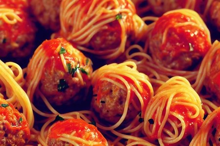 Cooked spaghetti and meatballs drizzled with delicious tomato sauce and oilの素材