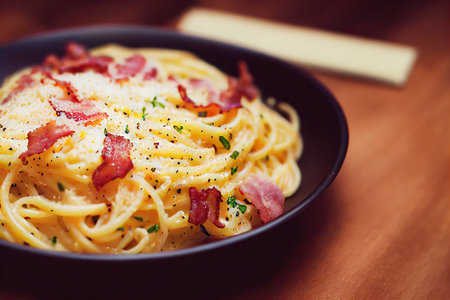 Small fried bacon pieces with spaghetti carbonara in cream sauceの素材