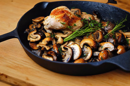 Cooking delicious fried mushrooms in frying pan with addition of chicken and herbsの素材
