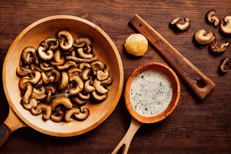 Brown fried mushrooms in frying pan with spicesの素材