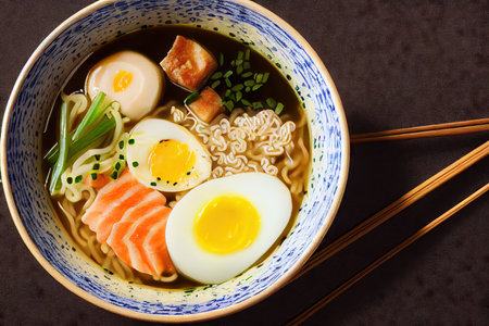 Hearty delicious japanese tonkotsu ramen bowl with egg and onionの素材