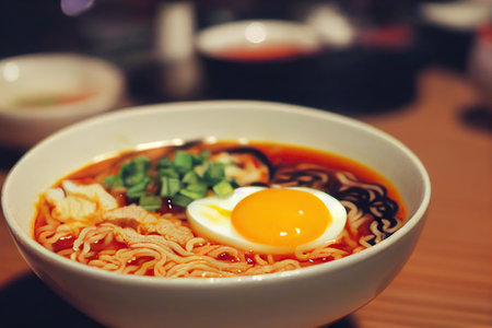 Rich broth with japanese tonkotsu ramen bowl and sauceの素材