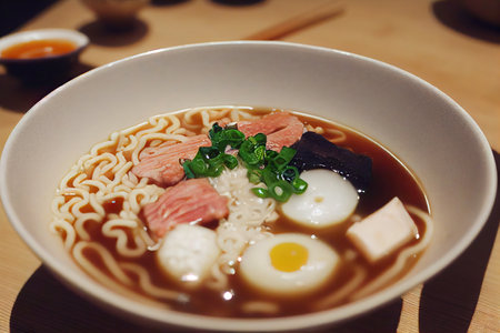 Deep white plate with traditional japanese tonkotsu ramen bowlの素材