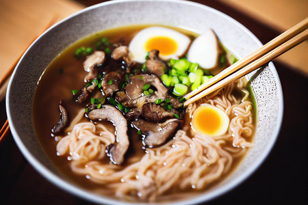 Serving of japanese tonkotsu ramen bowl with egg and shiitake mushroomsの素材