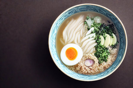 Small portion of japanese tonkotsu ramen bowl with onions and eggの素材