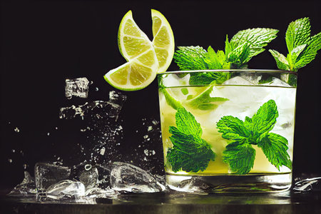Mojito cocktails with pieces of lime and ice in wide fogged glassesの素材