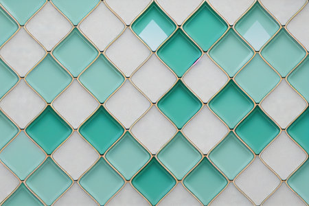 White and green rounded rhombuses tiles with gold trim pattern background 3D render digital illustrationの素材