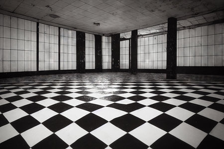 Empty industrial hall with checkerboard tiles pattern on floor background digital illustrationの素材