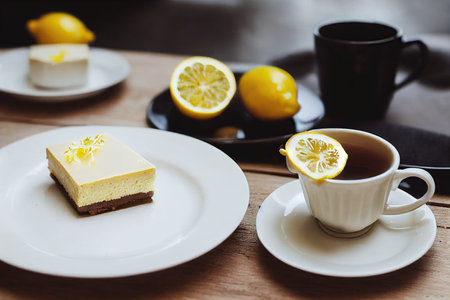 Delicate delicious cheesecake with lemon for morning dessertの素材