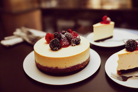 Round delicious cheesecake with fresh berries sprinkled with powdered sugarの素材