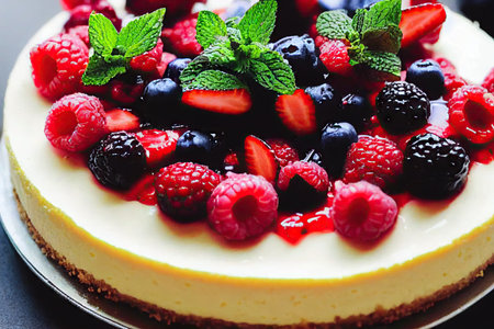 Wonderful cheesecake dessert with raspberries, blueberries and mint leavesの素材