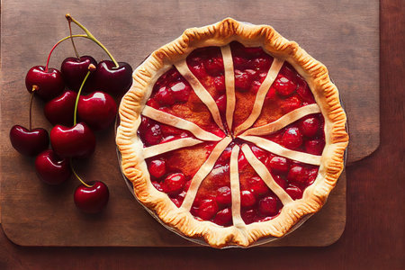 Sweet cherry pie with top decorated with cherry jam and strips of doughの素材
