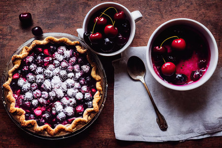 Open cherry pie with fresh cherry jelly and powdered sugarの素材