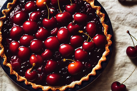 Open cherry pie with filling of bright berry jellyの素材