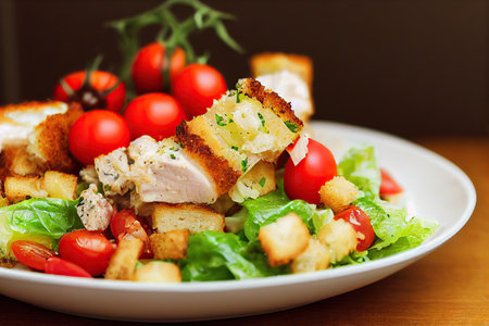Large portion of fresh chicken caesar salad with cherry tomatoesの素材
