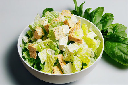 Delicious chicken caesar salad with chicken pieces and golden sauceの素材