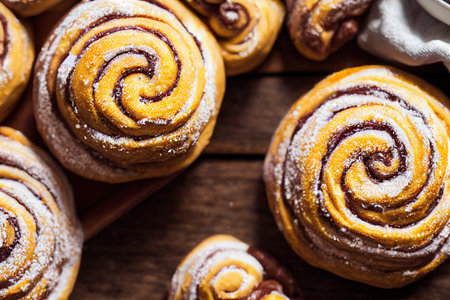 Beautiful homemade cinnamon buns with filling sprinkled with powdered sugarの素材