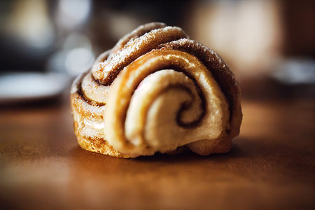 Sweet spiral cinnamon buns with layer of caramel on tableの素材