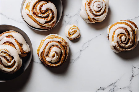 Golden delicious homemade cinnamon buns sprinkled with sugarの素材