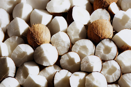 Lots of cracked coconut fruit to make exotic coconut milkの素材