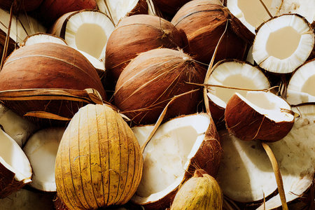 Lots of cracked coconut fruit to make exotic coconut milkの素材