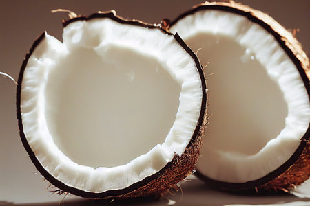Halves of tropical cracked coconut fruit on light gray backgroundの素材