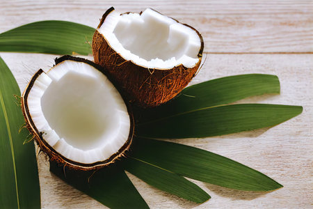 Cracked coconut fruit with snow-white flesh on green backgroundの素材