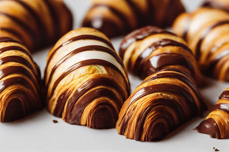 Crispy delicious croissant with chocolate sauce on white backgroundの素材
