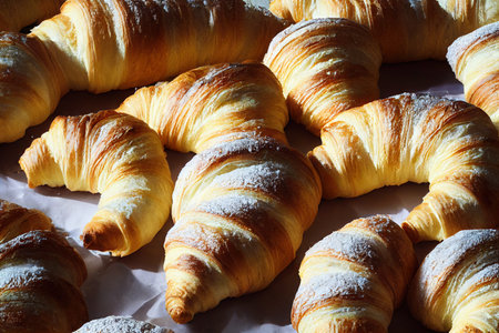 Morning bread baking fresh croissant in powdered sugar with butterの素材