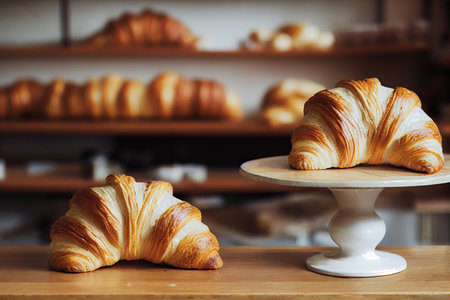 Fresh delicious French croissant on counter in bakeryの素材