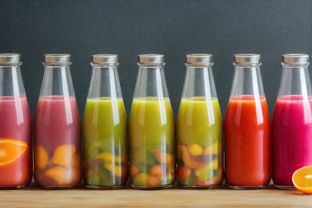 Narrow bottles with healthy detox juice with pieces of fruits and vegetablesの素材