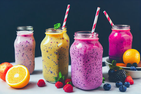 Delicious healthy detox juice in glasses with strawsの素材