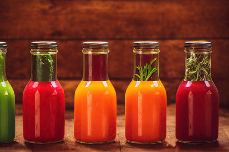 Bottles full of organic detox juice from healthy fruits and vegetablesの素材
