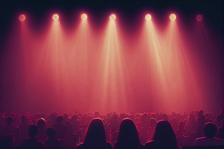 Audience crowd people at abstract concert with bright lights background digital illustrationの素材