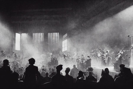 Abstract music concert with musicians on stage and audience silhouettes grayscale background digital illustrationの素材