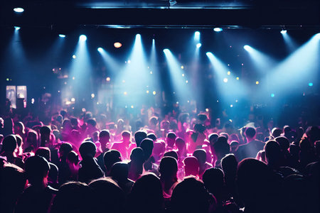 Audience crowd people at abstract concert with bright lights background digital illustrationの素材