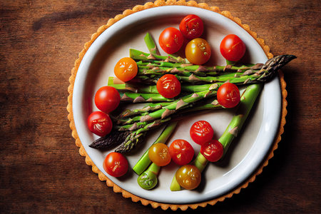Asparagus tart with bright juicy tomatoes and fresh green asparagus sproutsの素材