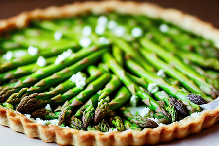 Asparagus tart on thin shortbread dough with decoration along edgeの素材