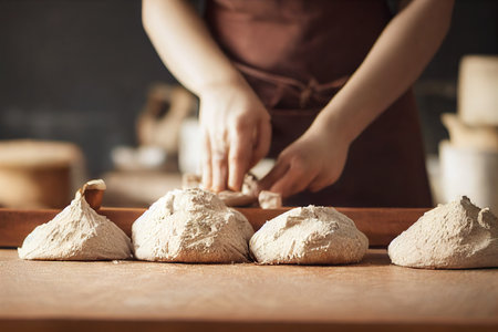 Hands cutting homemade baked bread on board on blurred backgroundの素材