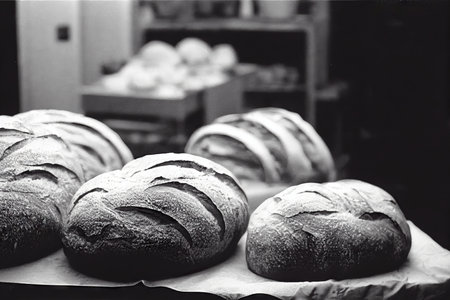 Traditional cereal bread in wheat flour in kitchen in restaurantの素材