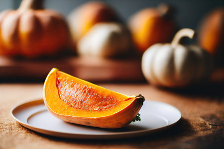 Pieces of fresh yellow homemade pumpkin baked butternut squashの素材
