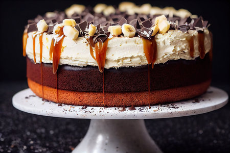 Fresh delicious chocolate banana cake with cream decoration on topの素材