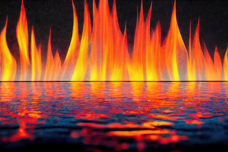 Huge blaze fire flame on shore are reflected in waterの素材