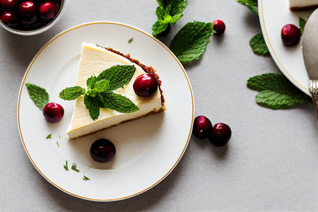 Piece of delicate cheesecake with cherry decoration on small plateの素材